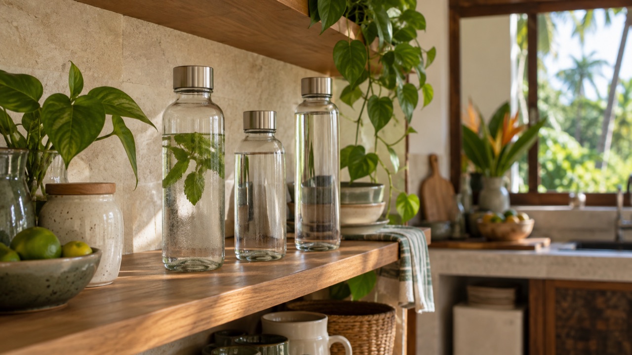 A row of clean glass water bottles with steel caps on a kitchen shelf in a bright Sri Lankan home