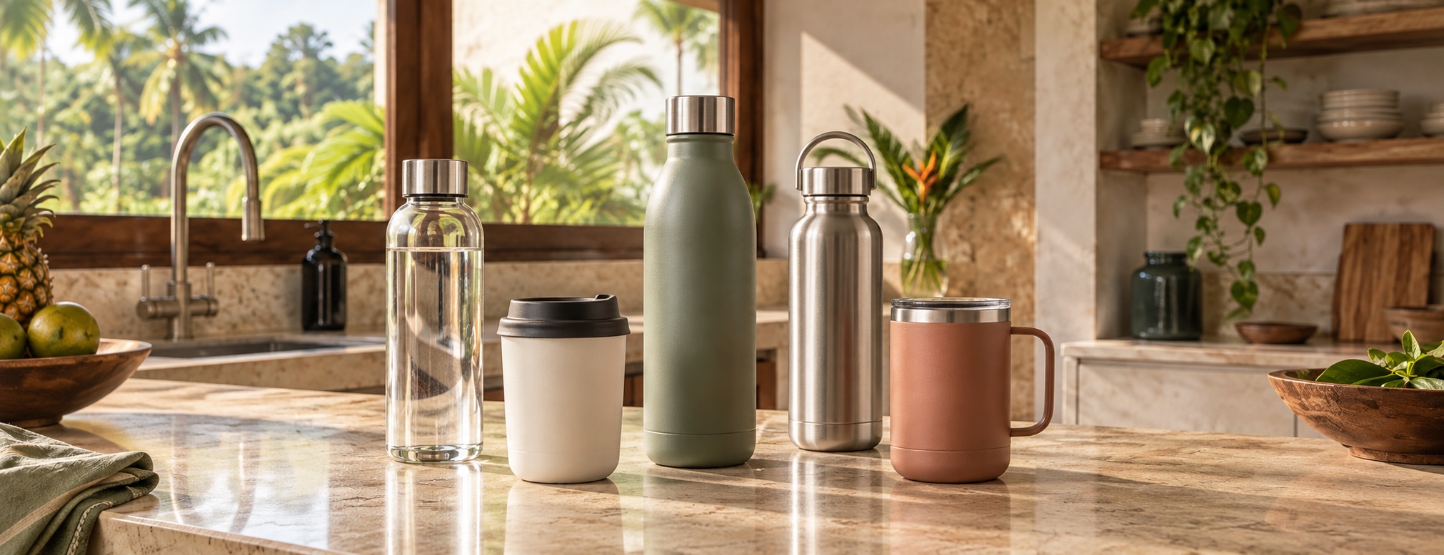 Reusable glass and stainless steel drinking bottles in a bright kitchen