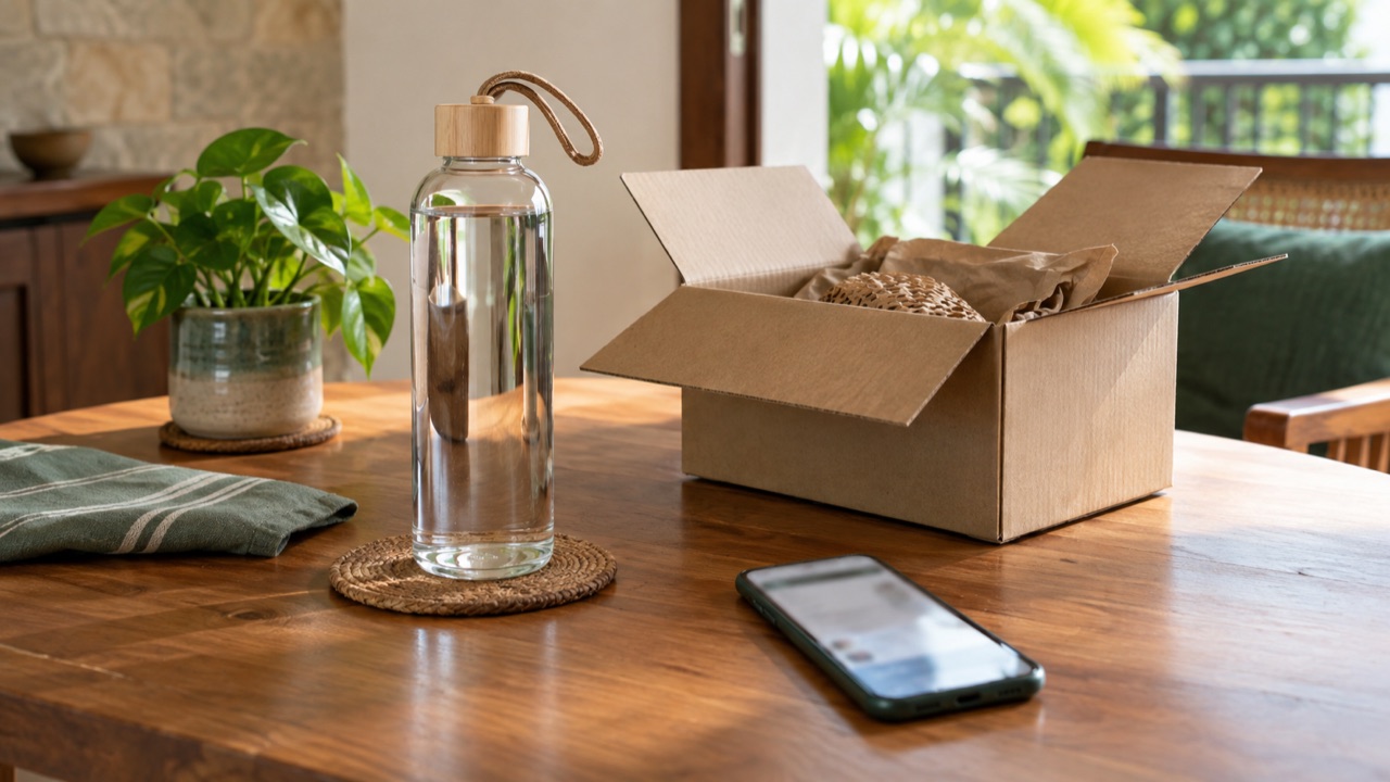 A shopping app on a phone beside a parcel box and a glass bottle